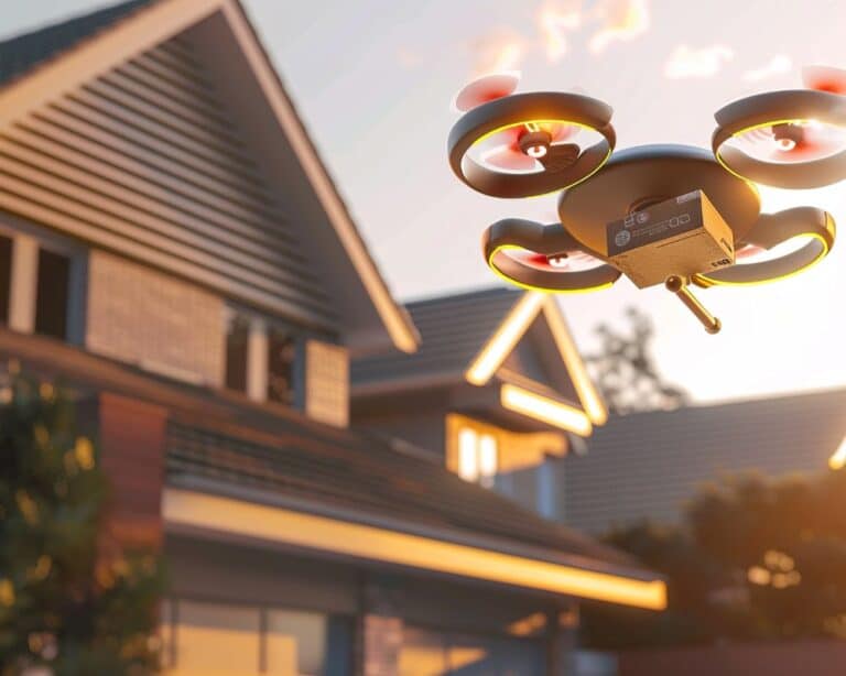 Drone flying near modern house